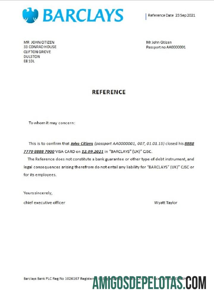 Referência de fechamento do Barclays no Reino Unido exemplo